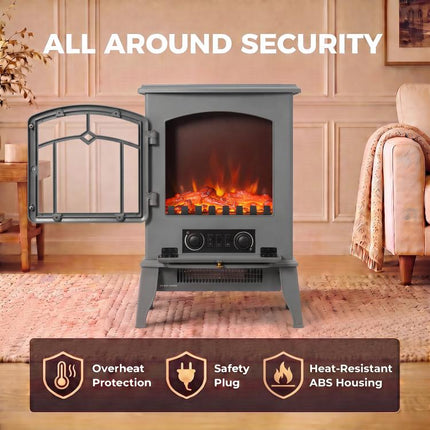 Electric Fireplace Stove Heater 1000W/2000W LED Flame Effect Thermostat Grey