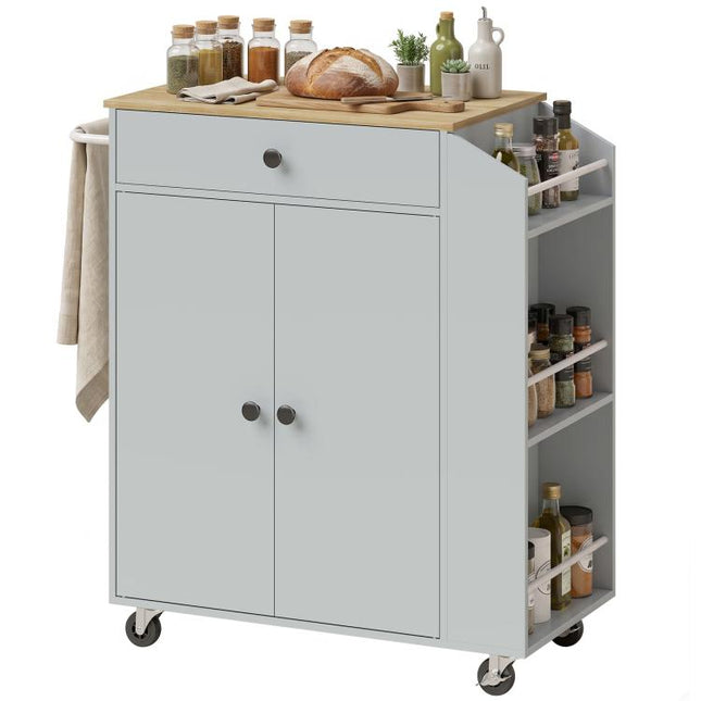 Rolling Kitchen Island with 3-Tier Spice Rack, Kitchen Storage Cart with Drawer and Towel Rack, Light Blue