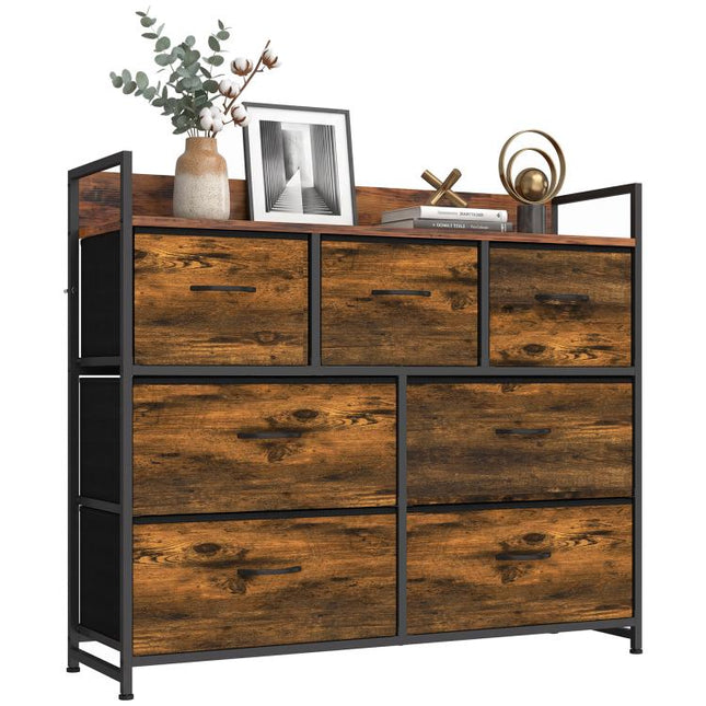 Chest of Drawers with 7 Drawers, Industrial Fabric Storage Unit with Top Shelf and Steel Frame for Bedroom, Rustic Brown