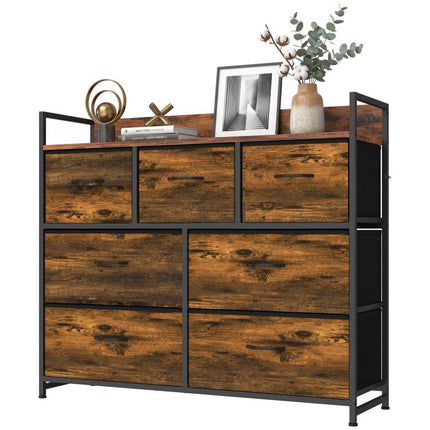 Chest of Drawers with 7 Drawers, Industrial Fabric Storage Unit with Top Shelf and Steel Frame for Bedroom, Rustic Brown