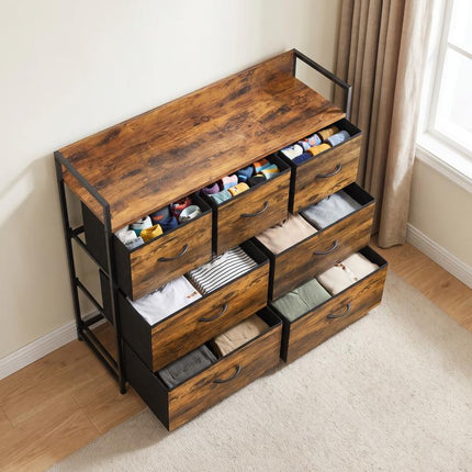 Chest of Drawers with 7 Drawers, Industrial Fabric Storage Unit with Top Shelf and Steel Frame for Bedroom, Rustic Brown