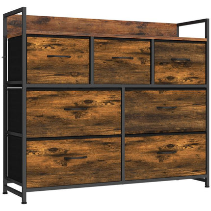 Chest of Drawers with 7 Drawers, Industrial Fabric Storage Unit with Top Shelf and Steel Frame for Bedroom, Rustic Brown