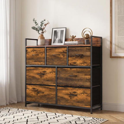 Chest of Drawers with 7 Drawers, Industrial Fabric Storage Unit with Top Shelf and Steel Frame for Bedroom, Rustic Brown