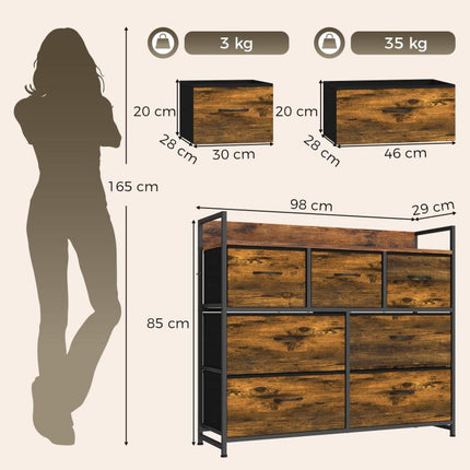 Chest of Drawers with 7 Drawers, Industrial Fabric Storage Unit with Top Shelf and Steel Frame for Bedroom, Rustic Brown