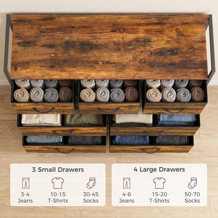 Chest of Drawers with 7 Drawers, Industrial Fabric Storage Unit with Top Shelf and Steel Frame for Bedroom, Rustic Brown