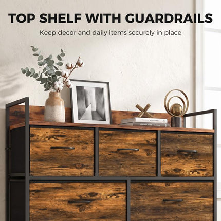Chest of Drawers with 7 Drawers, Industrial Fabric Storage Unit with Top Shelf and Steel Frame for Bedroom, Rustic Brown