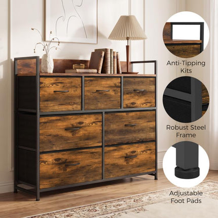 Chest of Drawers with 7 Drawers, Industrial Fabric Storage Unit with Top Shelf and Steel Frame for Bedroom, Rustic Brown