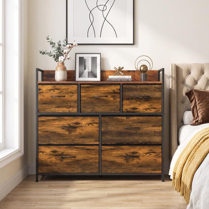Chest of Drawers with 7 Drawers, Industrial Fabric Storage Unit with Top Shelf and Steel Frame for Bedroom, Rustic Brown