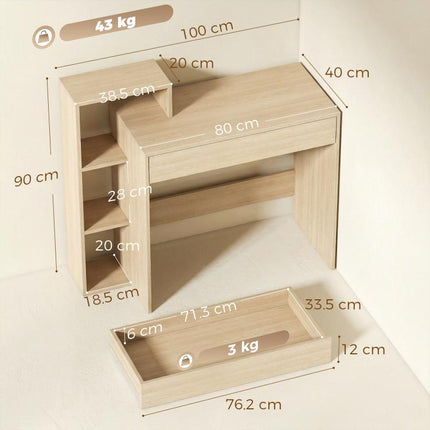 Desk with Storage, Computer Desk with 3 Open Shelves and Drawer, Workstation, Computer Table, Natural