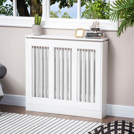 Radiator Cover Vertical Slatted Grille Heater Cover Top Shelf MDF Steel for Heat Circulation 90 x 18 x 84 cm White