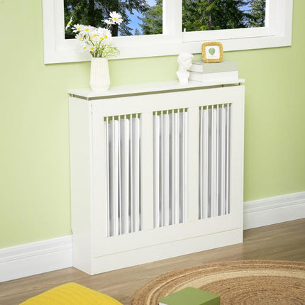 Radiator Cover Vertical Slatted Grille Heater Cover Top Shelf MDF Steel for Heat Circulation 90 x 18 x 84 cm White
