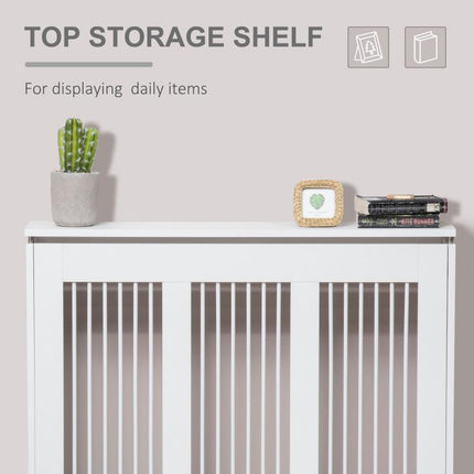 Radiator Cover Vertical Slatted Grille Heater Cover Top Shelf MDF Steel for Heat Circulation 90 x 18 x 84 cm White