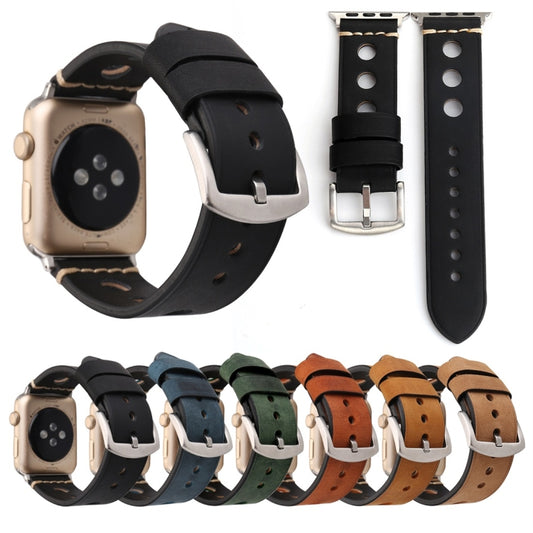 For Apple Watch Series 10 42mm / 9&8&7 41mm / SE 3&SE 2&6&SE&5&4 40mm / 3&2&1 38mm Retro Hole Genuine Leather Wrist Watch Band, For 38mm