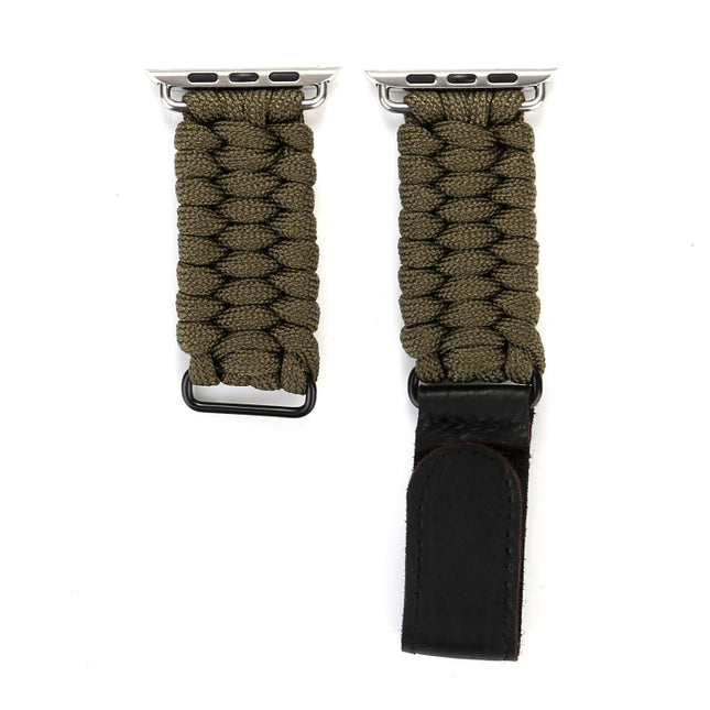Magic Paste Genuine Leather Umbrella Rope Nylon Wrist Watch Band with and Stainless Steel Buckle for Apple Watch Series 10 42mm / 9&8&7 41mm / SE 3&SE 2&6&SE&5&4 40mm / 3&2&1 38mm
