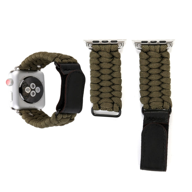 Magic Paste Genuine Leather Umbrella Rope Nylon Wrist Watch Band with and Stainless Steel Buckle for Apple Watch Series 10 42mm / 9&8&7 41mm / SE 3&SE 2&6&SE&5&4 40mm / 3&2&1 38mm