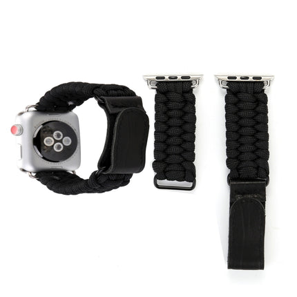 Magic Paste Genuine Leather Umbrella Rope Nylon Wrist Watch Band with Stainless Steel Buckle for Apple Watch Ultra 49mm&Watch Ultra 2 49mm / Series 10 46mm / 9&8&7 45mm / SE 3&SE 2&6&SE&5&4 44mm / 3&2&1 42mm