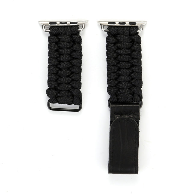 Magic Paste Genuine Leather Umbrella Rope Nylon Wrist Watch Band with Stainless Steel Buckle for Apple Watch Ultra 49mm&Watch Ultra 2 49mm / Series 10 46mm / 9&8&7 45mm / SE 3&SE 2&6&SE&5&4 44mm / 3&2&1 42mm