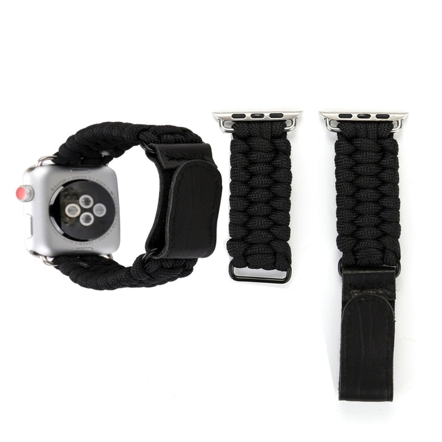 Magic Paste Genuine Leather Umbrella Rope Nylon Wrist Watch Band with Stainless Steel Buckle for Apple Watch Ultra 49mm&Watch Ultra 2 49mm / Series 10 46mm / 9&8&7 45mm / SE 3&SE 2&6&SE&5&4 44mm / 3&2&1 42mm