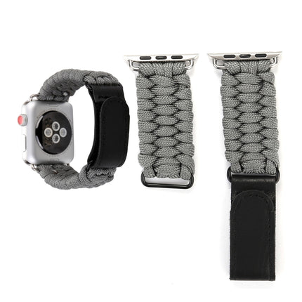 Magic Paste Genuine Leather Umbrella Rope Nylon Wrist Watch Band with Stainless Steel Buckle for Apple Watch Ultra 49mm&Watch Ultra 2 49mm / Series 10 46mm / 9&8&7 45mm / SE 3&SE 2&6&SE&5&4 44mm / 3&2&1 42mm