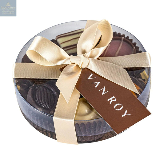 Assorted Belgian chocolates in 10cm cello round with ribbon