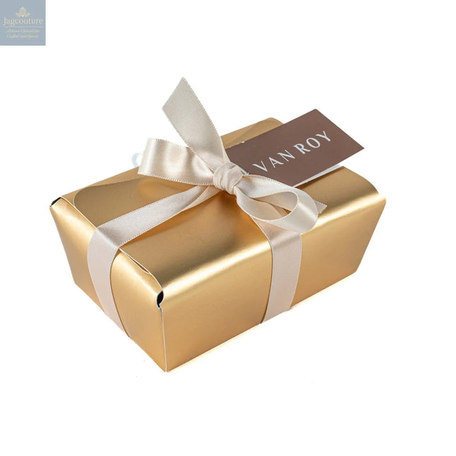 Assorted Belgian chocolates in gold ballotin with ribbon