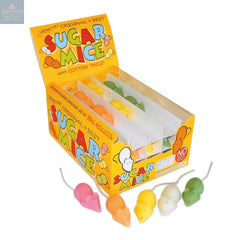 Assorted coloured sugar mice in display box