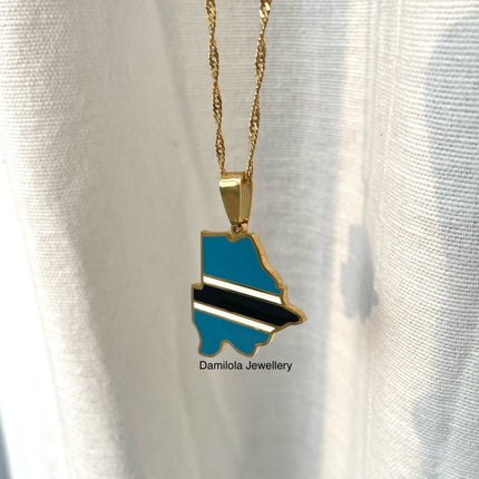 Botswana Flag Map Necklace - Gold
