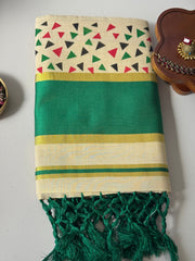 Traditional Kerala Cotton Onam Saree with Geometric Print & Green Kasavu Border S109