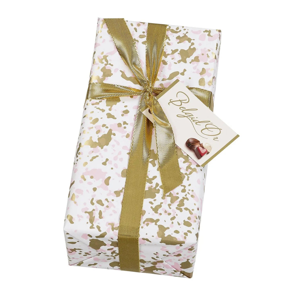 Splatter design gift wrapped ballotin of assorted Belgian chocolates