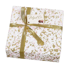 Splatter design gift wrapped ballotin of assorted Belgian chocolates