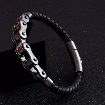 Black Bicycle Stainless Steel Leather Bracelet
