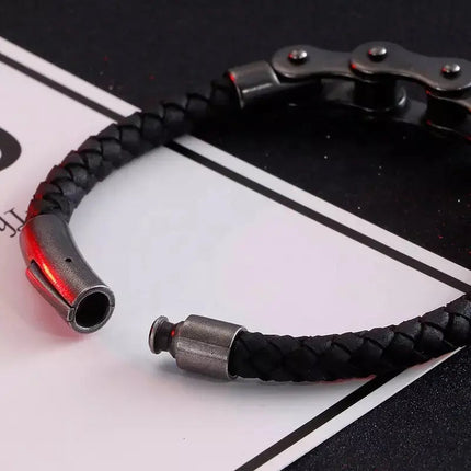 Black Bicycle Stainless Steel Leather Bracelet