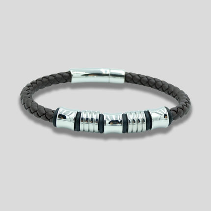Black Braided Leather Bracelet with Silver Charms