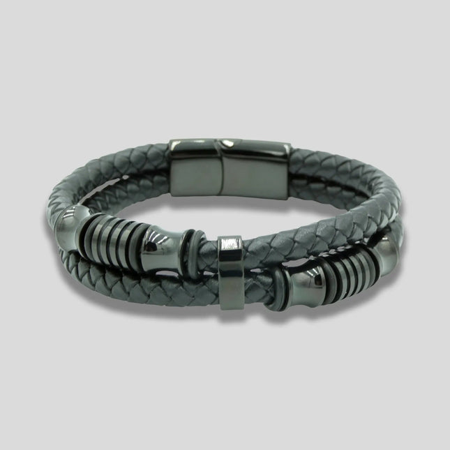 Black Leather Braided Bracelet with Black Charms