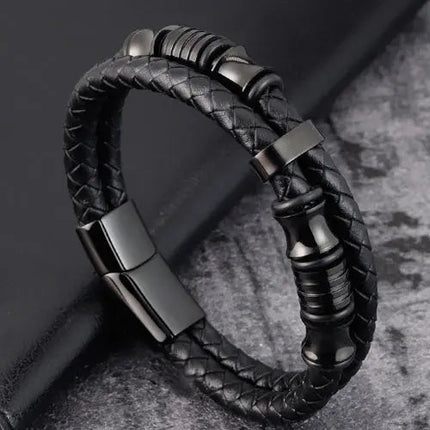 Black Leather Braided Bracelet with Black Charms