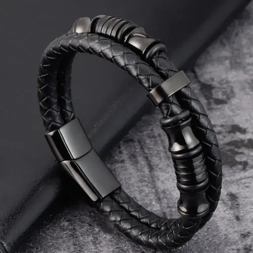 Black Leather Braided Bracelet with Black Charms