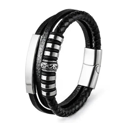 Black Multi Layer Leather Bracelet with Silver Charms