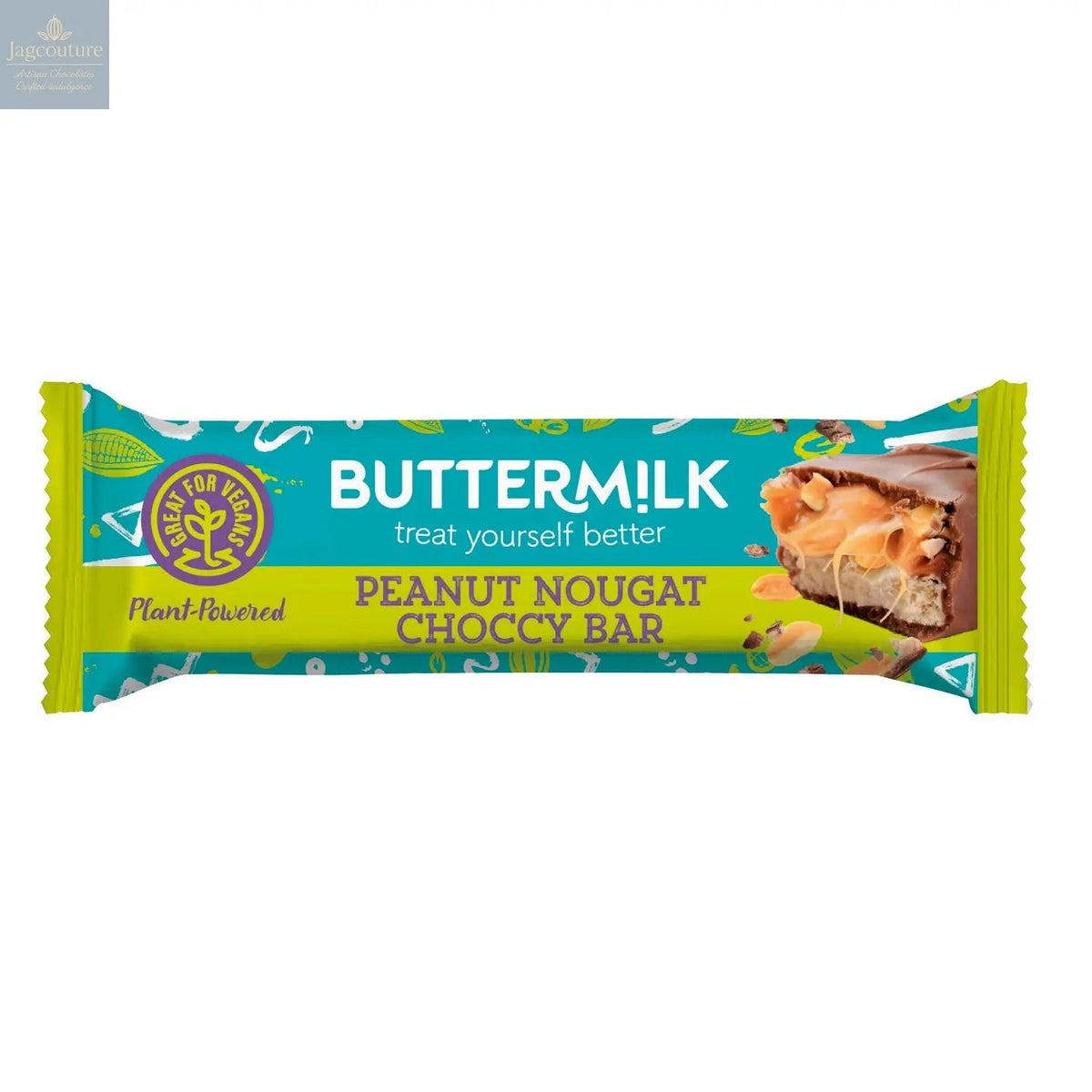 Buttermilk chewy peanut nougat with a caramel layer enrobed in plant based chocolate