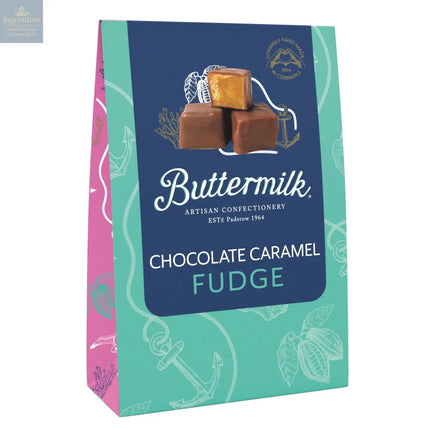 Buttermilk milk chocolate covered caramel sea salt fudge in sharing box