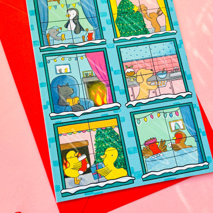 Illustrated animals Christmas scene A6 greetings card