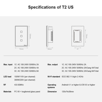 Sonoff T2 Touch 120mm Tempered Glass Panel Wall Switch Smart Home Light Touch Switch, Compatible with Alexa and Google Home, AC 100V-240V, US Plug, 120mm/ 3 US Plug