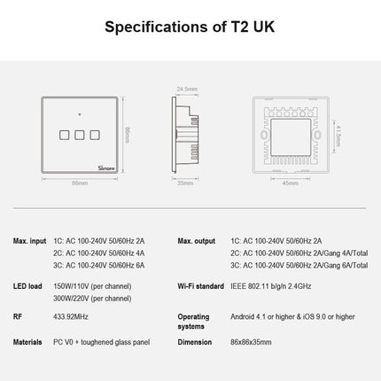 Sonoff T2 Touch 86mm Tempered Glass Panel Wall Switch Smart Home Light Touch Switch, Compatible with Alexa and Google Home, AC 100V-240V, UK Plug, 86mm/ 2 UK Plug