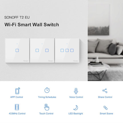 Sonoff T2 Touch 86mm Tempered Glass Panel Wall Switch Smart Home Light Touch Switch, Compatible with Alexa and Google Home, AC 100V-240V, EU Plug, 86mm/ 1 EUPlug
