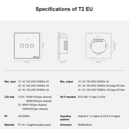 Sonoff T2 Touch 86mm Tempered Glass Panel Wall Switch Smart Home Light Touch Switch, Compatible with Alexa and Google Home, AC 100V-240V, EU Plug, 86mm/ 1 EUPlug