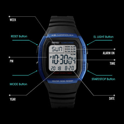 SKMEI 1278 Fashionable Outdoor 50m Waterproof Digital Watch Student Sports Wrist Watch Support 5 Group Alarm Clocks (Titanium)