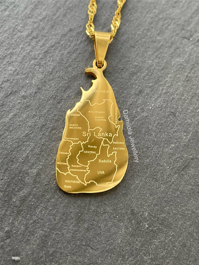 Sri Lanka Engraved Map Necklace - Gold