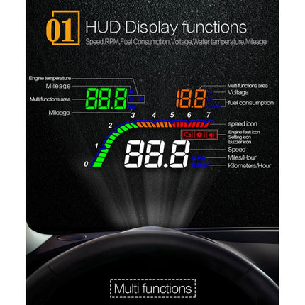 T100 OBD2 4 inch Vehicle-mounted Head Up Display Security System, Support Car Speed / Engine Revolving Speed Display / Instantaneous Fuel Consumption / Detection and Elimination Fault Code