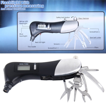 9 in 1 Digital Tire Pressure Gauge Multi-function Safety Hammer with Swiss Style Army Knife, Flashlight and Red Safety Light, Outdoor Tool Kit, 9 in 1