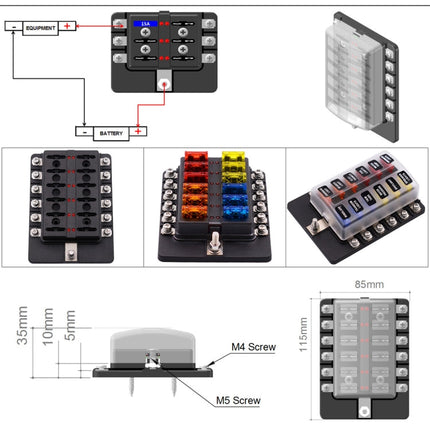 1 in 12 Out Fuse Box Screw Terminal Section Fuse Holder Kits with LED Warning Indicator for Auto Car Truck Boat