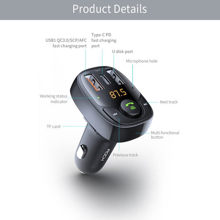 ROCK B301 Dual USB + PD Bluetooth 5.0 FM Transmitter & Car Charger, Support TF Card / U-disk